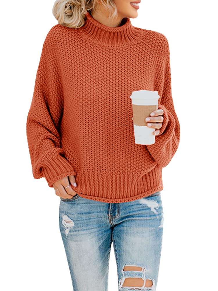 Saodimallsu Womens Turtleneck Oversized Sweaters Batwing Long Sleeve Pullover Loose Chunky Knit Jumper Brick Red