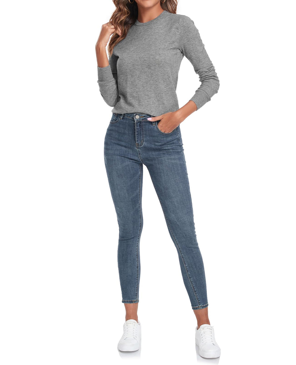 QUALFORT Women's Grey Sweaters Crewneck Knitted Pullovers Medium