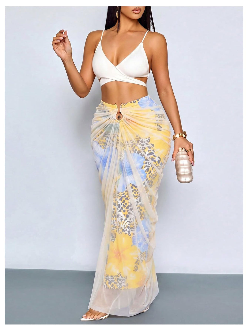WDIRARA Women's Ruched Bodycon Maxi Skirt Cocktail Party High Waisted Long Fishtail Skirts Pale Yellow Small