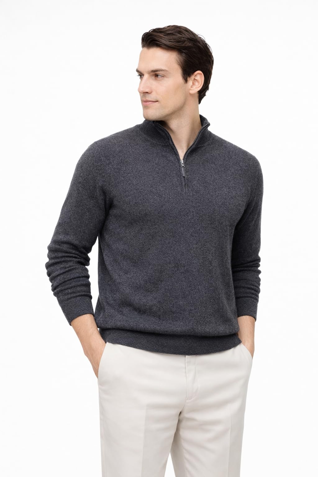 State Cashmere Men's Half Zip Mock Neck Sweater 100% Pure Cashmere Polo Neck Pullover (City Smoke, Medium)