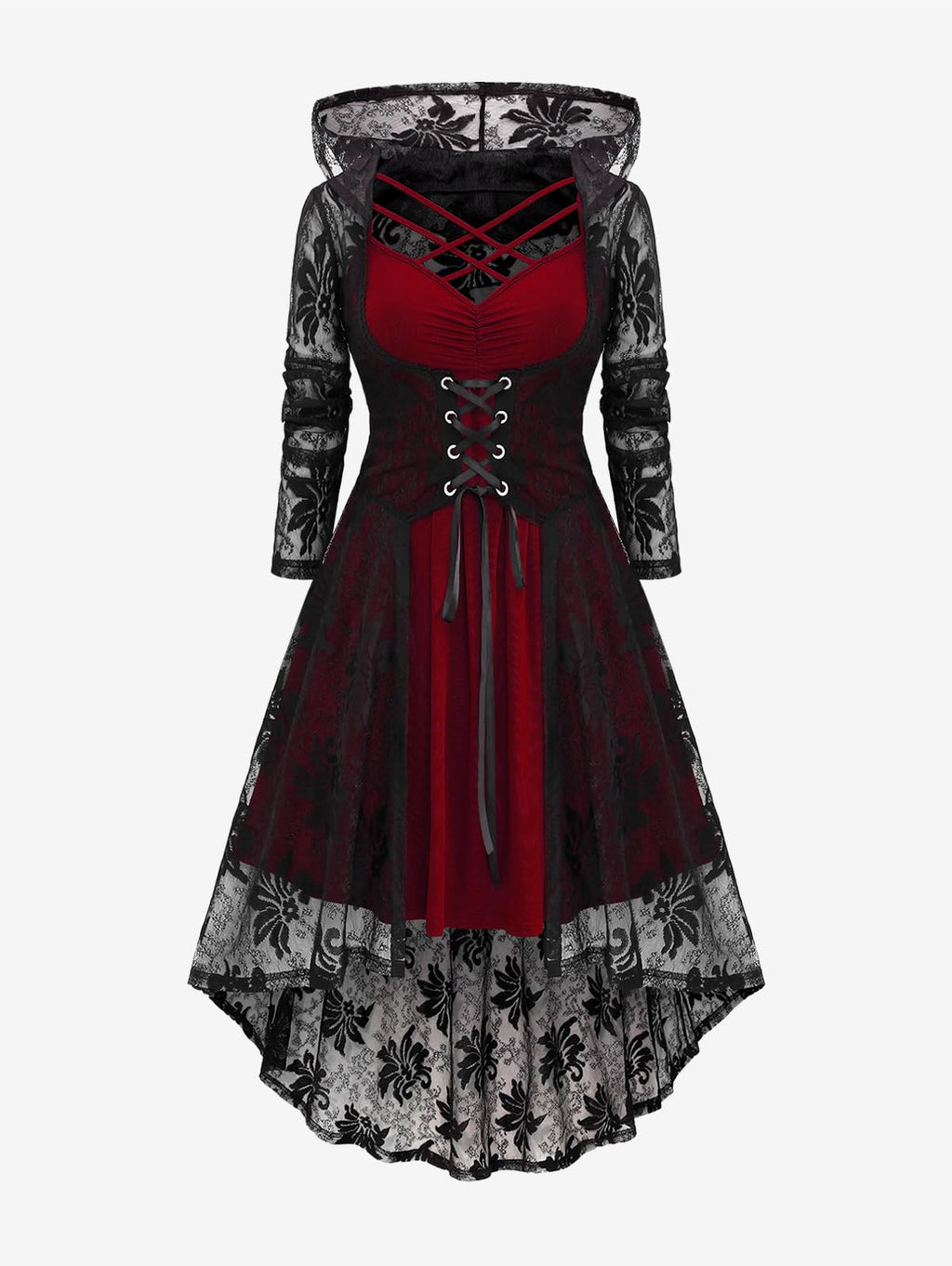 ROSE GAL Womens Plus Size 2pcs Witch Halloween Costume Gothic Lace Hooded Lace-up High Low Hem Long Top and Crisscross Strappy Cami Dress(Red/3X)