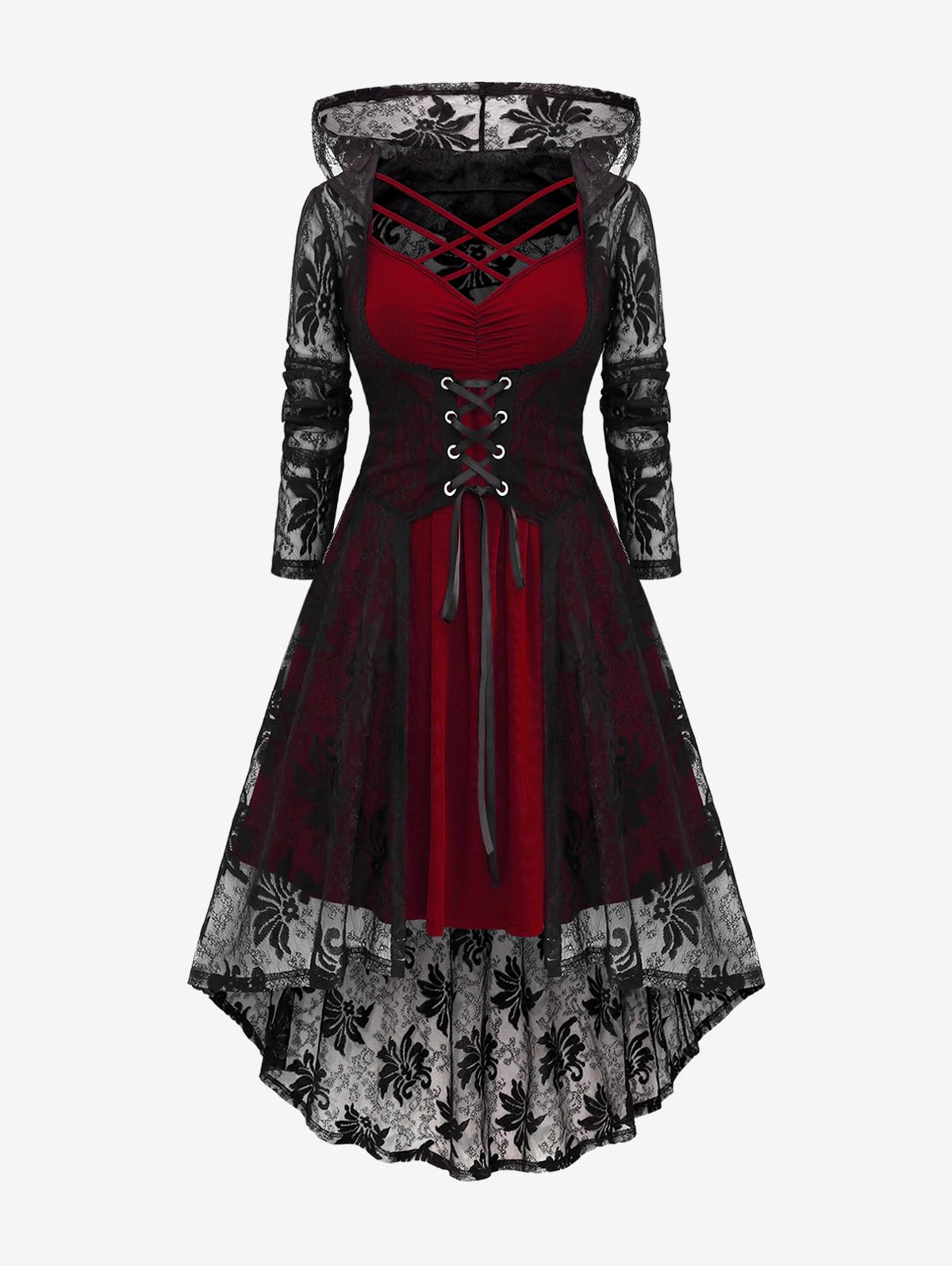 ROSE GAL Womens Plus Size 2pcs Witch Halloween Costume Gothic Lace Hooded Lace-up High Low Hem Long Top and Crisscross Strappy Cami Dress(Red/3X)
