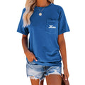 NIUBIA Women's Letter Print Basic Crew Neck Tee Summer Short Sleeve T-Shirt with Pockets Loose Fitting Tops Blue