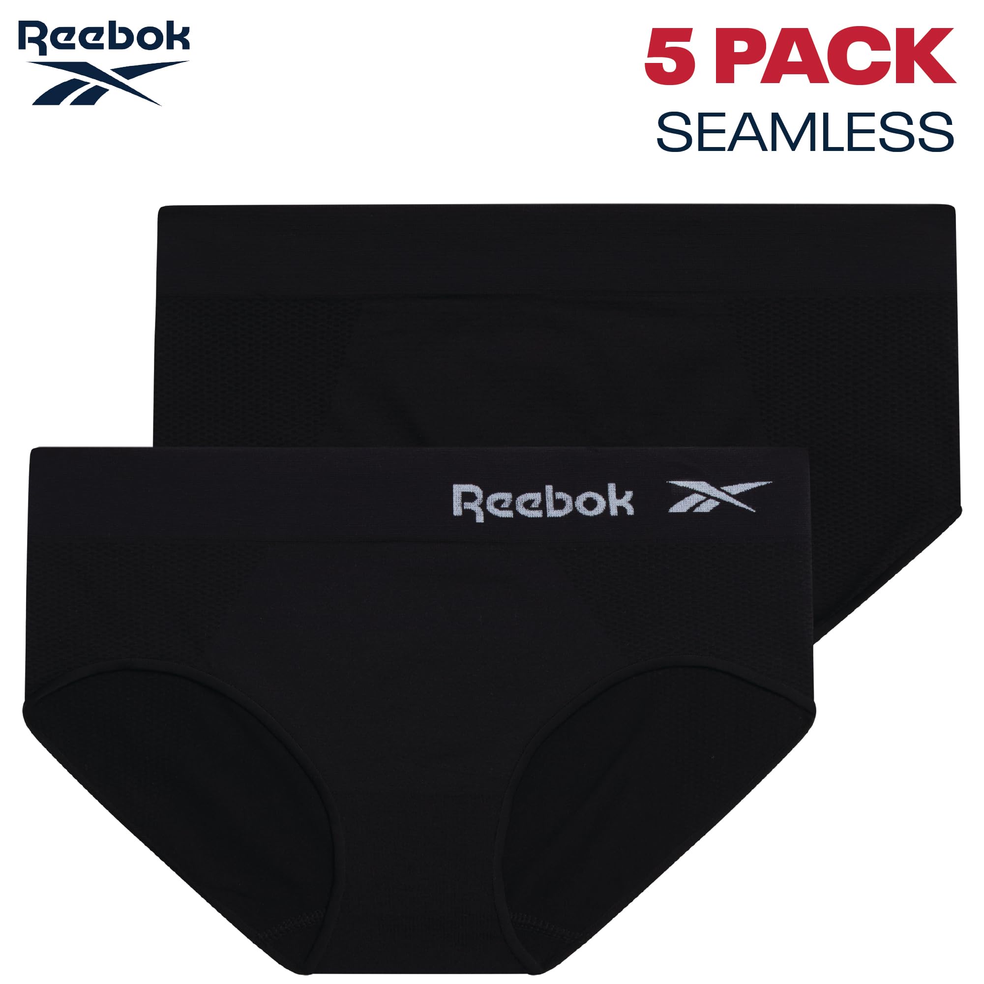 Reebok Hipster Panties for Women - 5 Pack Stretch Performance Seamless Underwear with Relaxed Tag-Free Waistband (S-XL), Size Medium, All Black