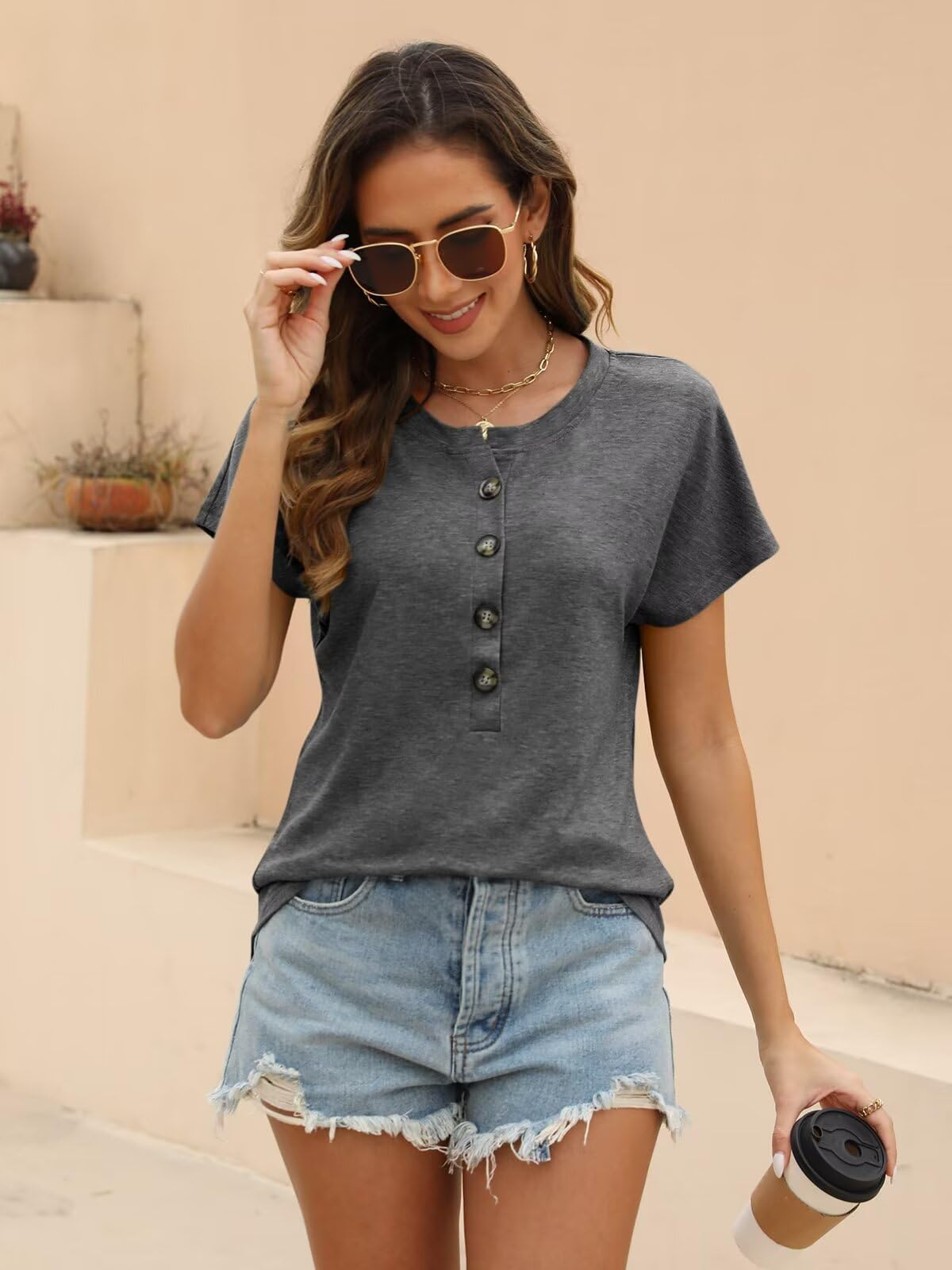 EADINVE Womens Batwing Sleeve Tshirts Crew Neck Short Sleeve Buttons Tops Tee Basic Summer Blouse Loose Fit Dark Grey
