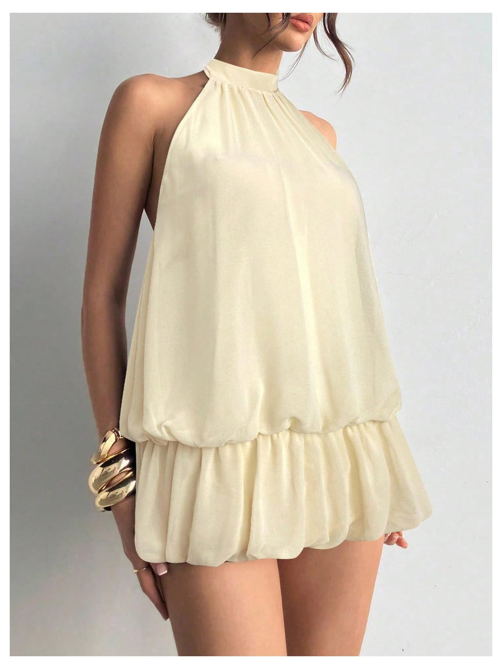 Floerns Women's Y2k Summer Halter Dress Tie Open Back Sleeveless Ruffle Hem Bubble Going Out Mini Dresses Apricot XX-Small