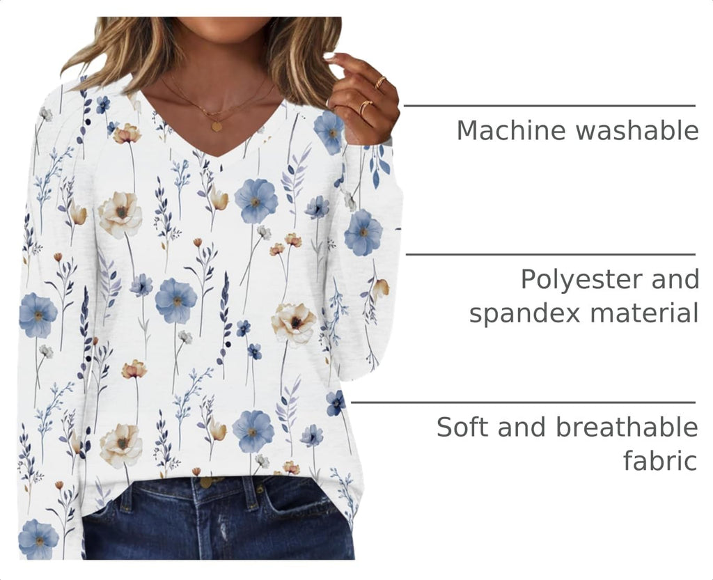 Zeagoo Shirts for Women Tops Long Sleeve V Neck Pleated Fall Casual T Shirts Boho Tunic Fall Winter Trendy Clothes