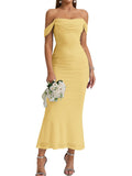KUTUMAI Off The Shoulder Maxi Long Dress Corset Ruched Bodycon Cocktail Formal Wedding Guest Dresses for Women Yellow M