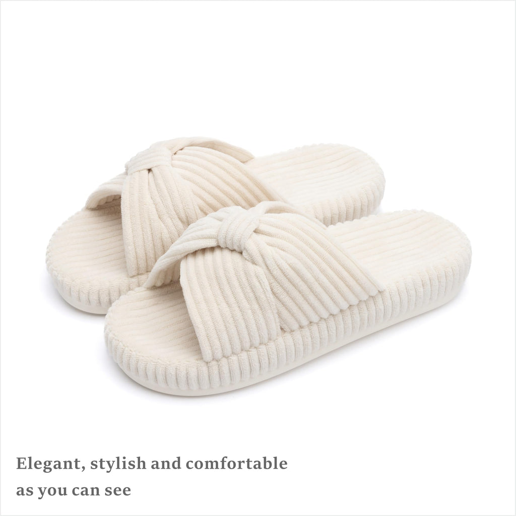 Chantomoo Slippers for Women Memory Foam House Bedroom Corduroy Bow Crossbands Slipper Shoes Comfy Trendy Gift Slippers Beige Size7 8 6.5