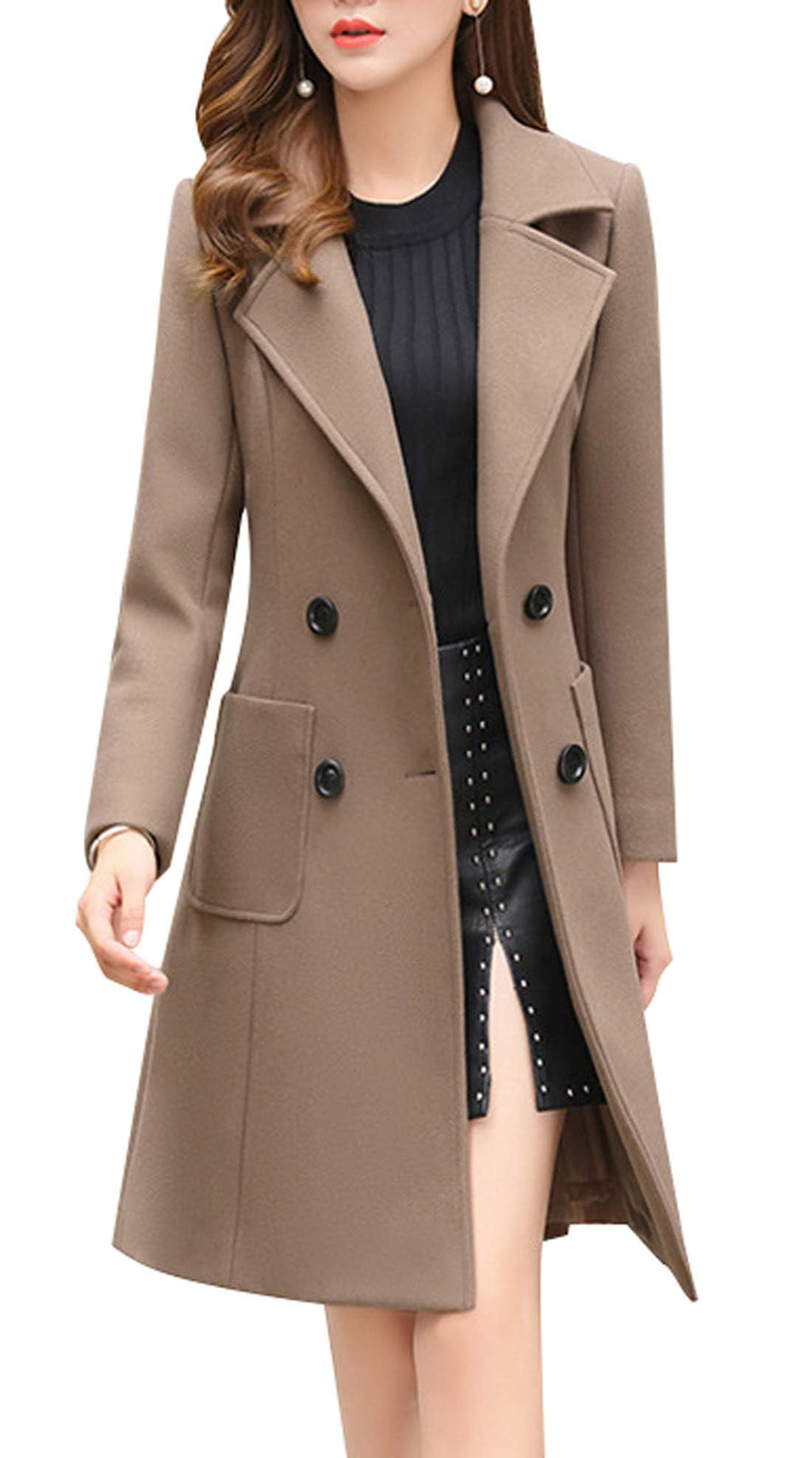 chouyatou Women Elegant Notched Collar Double Breasted Wool Blend Over Coat (Medium, Khaki)