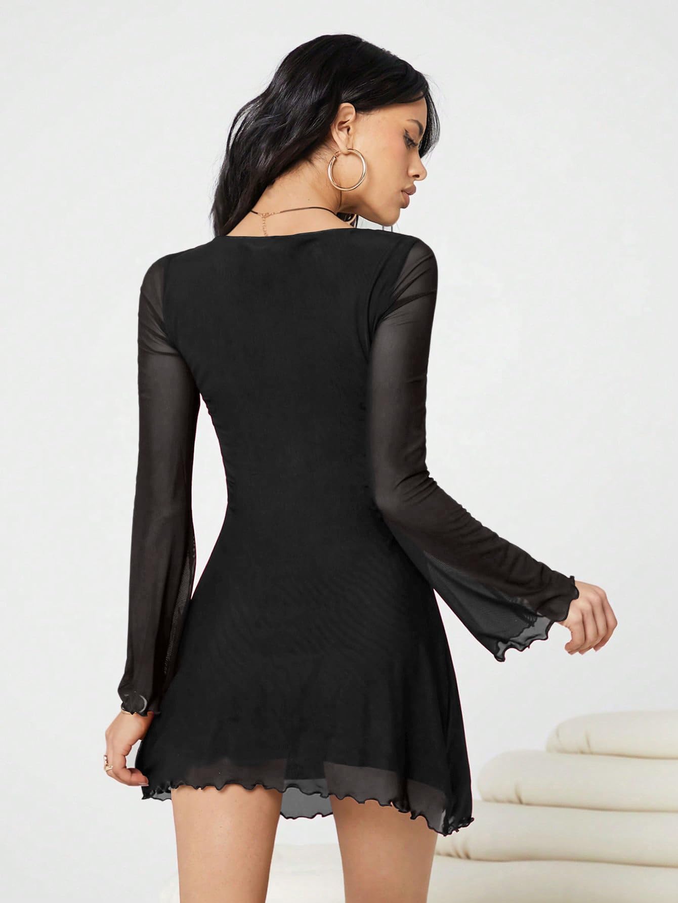 Milumia Women's Boat Neck Mesh Long Bell Sleeve Mini Dress Y2k Going Out Short Dresses 2026 Spring Black Medium
