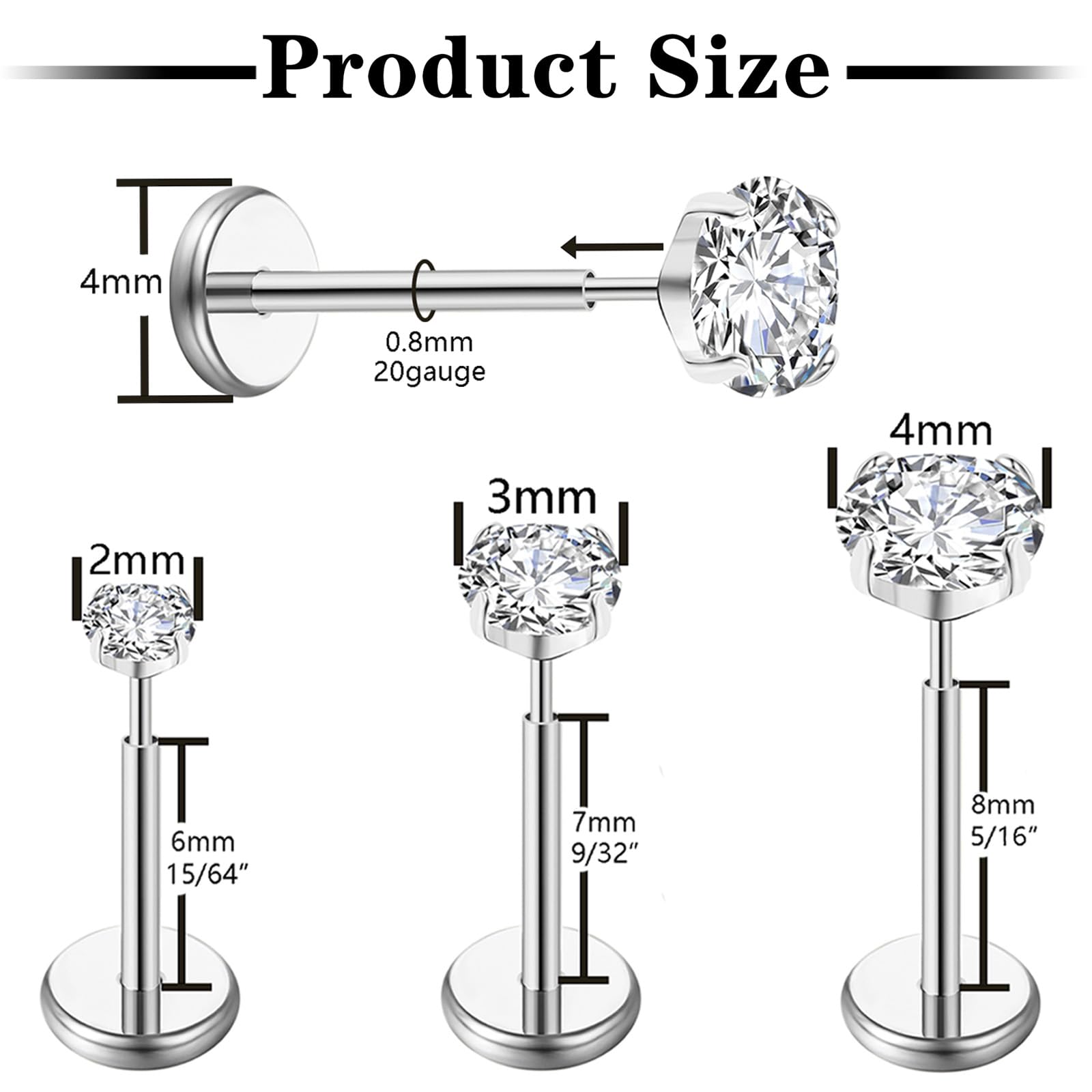 Gotumo 20G Flat Back Earrings Stud G23 Titanium Threadless Tragus Labret Cartilage Lip Medusa Conch Body Piercing Jewelry for Women Men Silver