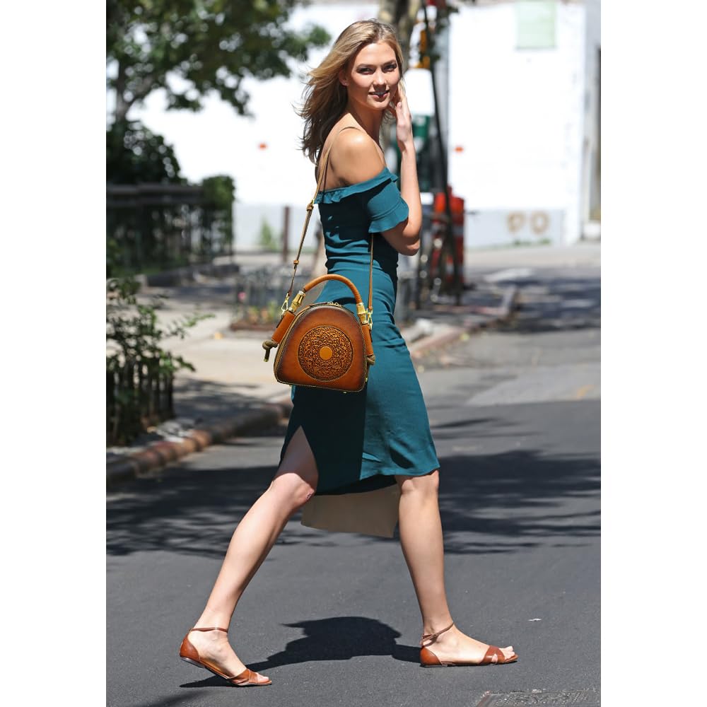 Zhuoliang Genuine Leather Pocketbooks for Women, Retro Organizer Top Handle Satchel Totem Leather Handbag Ladies