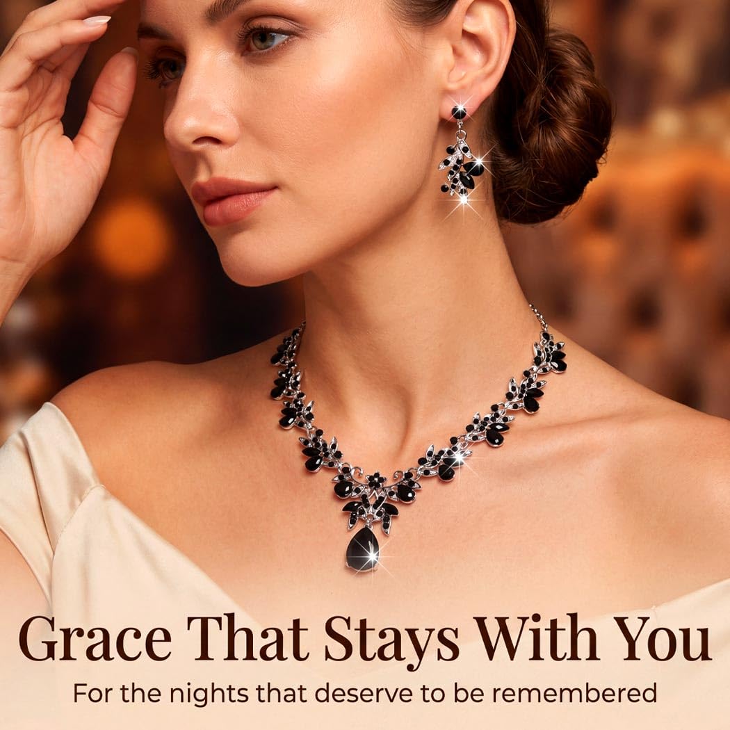Brishow Jewelry Sets for Women Black Rhinestone Necklace Earrings Set Silver Leaf Costume Jewelry for Prom Formal Events