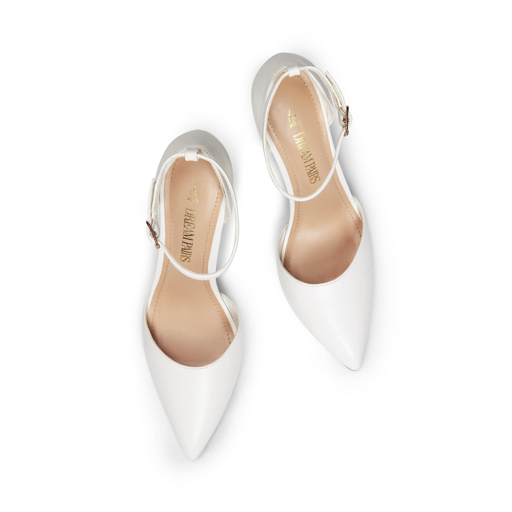 DREAM PAIRS Women's Oppointed-Lacey Pointed Toe Ankle Strap High Heel Stiletto Pumps Wedding Dress Shoes,Size 9,White/Pu,Oppointed_Lacey