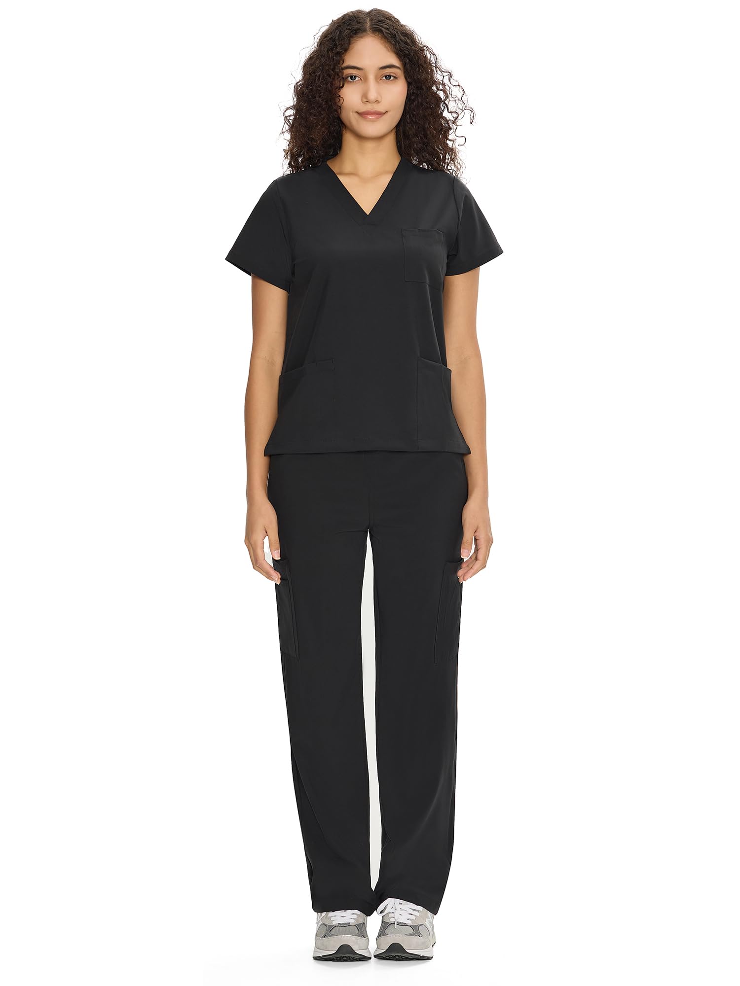 COZYFIT Scrubs for Women Set Medical Uniform - V-Neck Top & Straight Leg Pants with 9 Pockets, Unisex Workwear COZY SCRUBS, Black, M