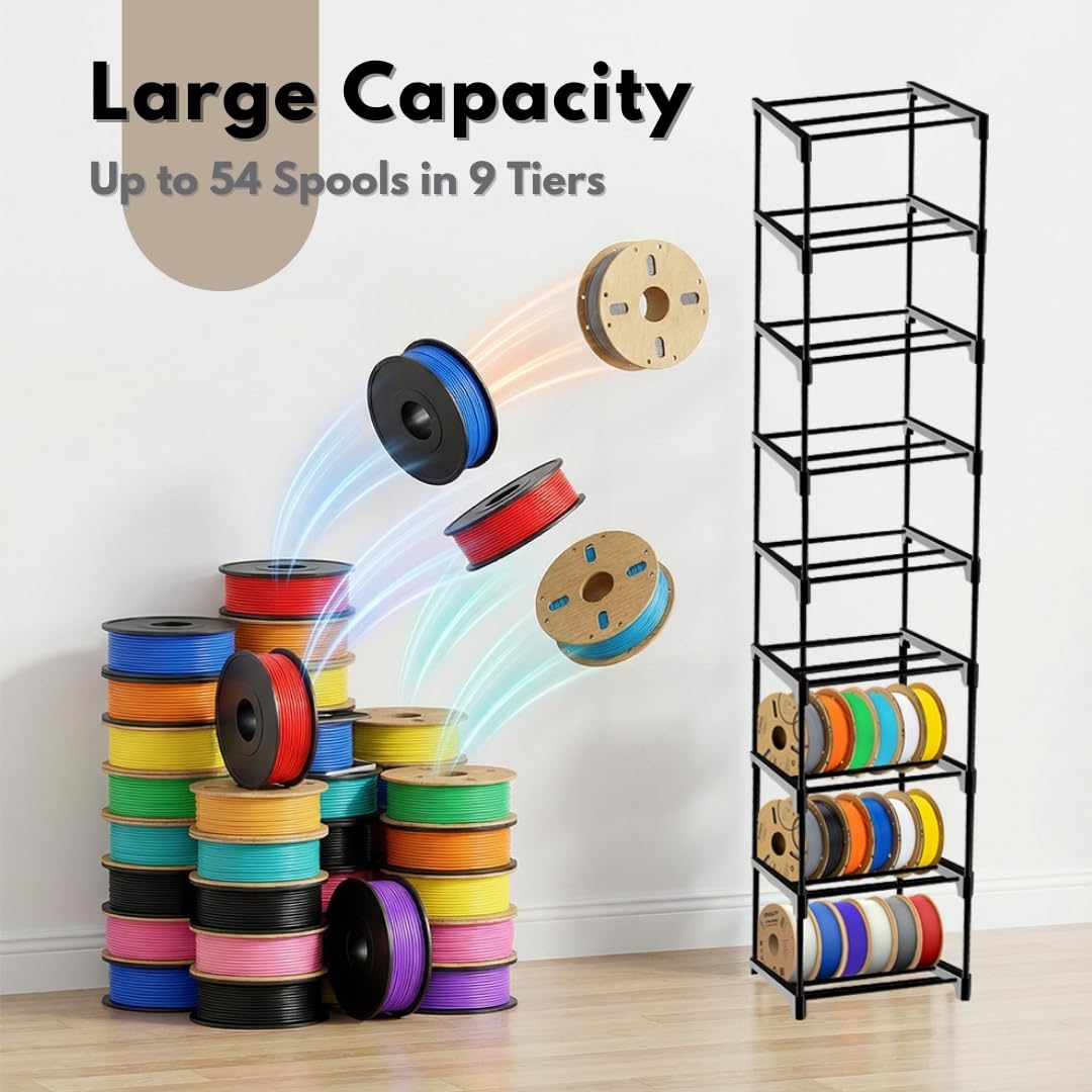 Razzi Fidel 9-Tier Modular 3D Printer Filament Storage Rack, High-Strength Carbon Steel Spool Holder & Organizer, Holds 54 Spools(1kg), Space-Saving, Customizable, Tool-free Assembly