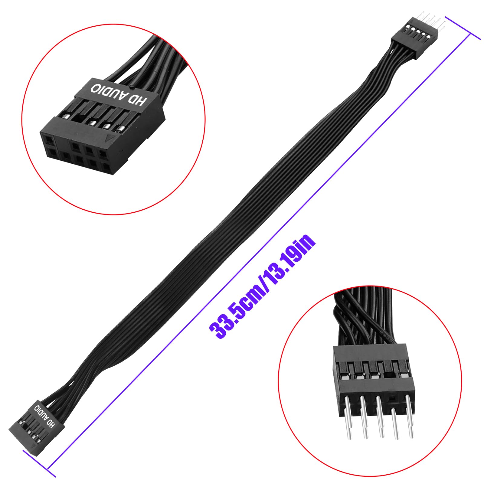 ELFJMZP 30cm PC Motherboard Front Audio Extension Cable - Male to Female, Black Ribbon, HD Audio 9PIN Connector, 24AWG Tinned Copper - Ideal for ATX Front Audio Extension & Neat Cable Management