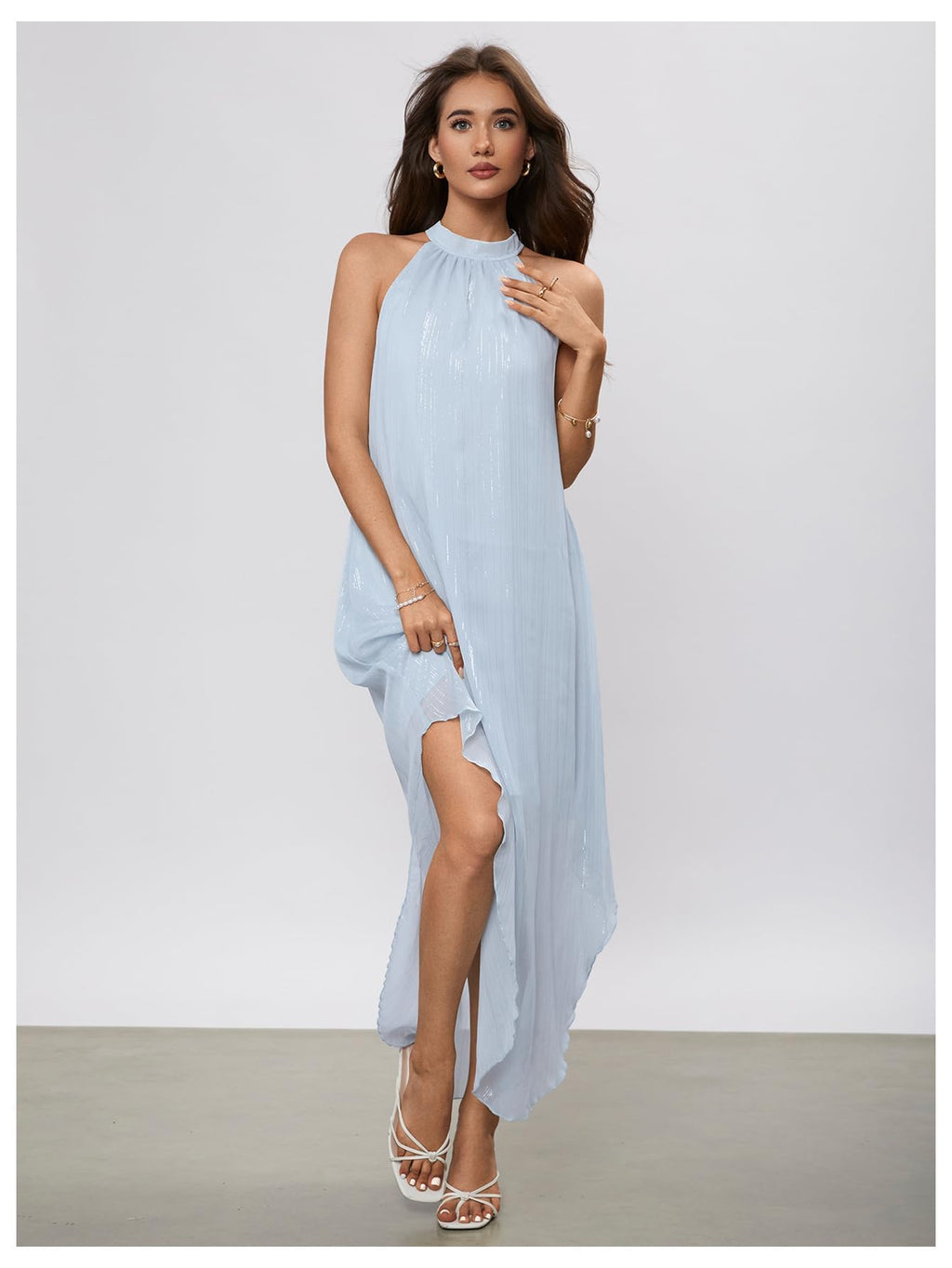 Verdusa Women's Wedding Guest Dress Halter Flowy Chiffon Asymmetrical Long Summer Prom Dress Sequin Light Blue X-Large
