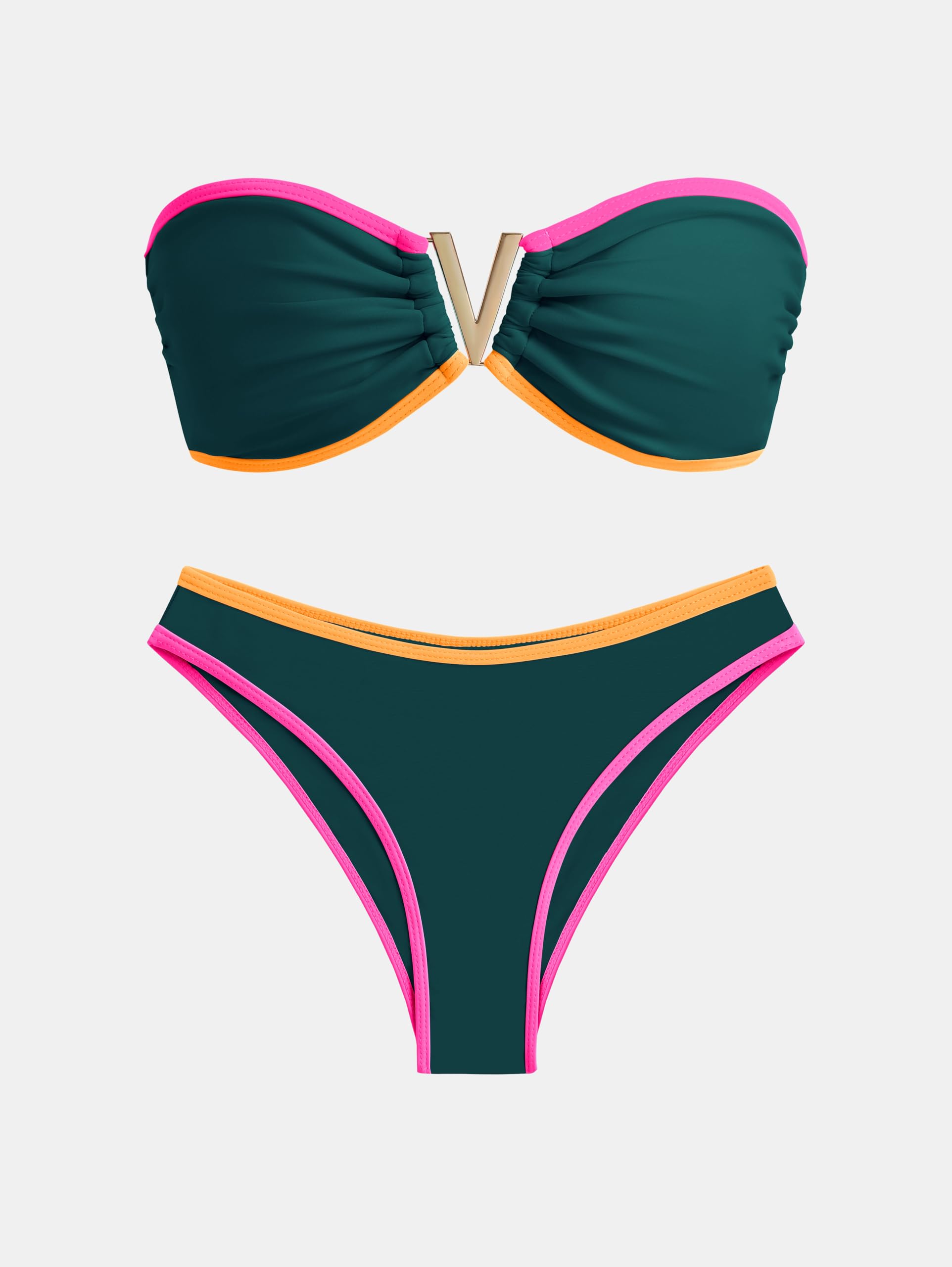 ZAFUL Women's Bandeau Bikini V Strapless Confetti Colorblock Tie Back High Cut Two Piece Swimsuit Bathing Suits (1-Malachite Green, M)