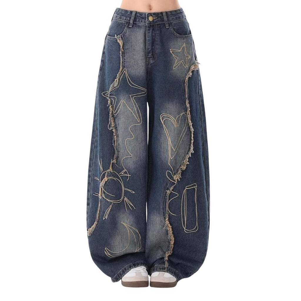 OTEEGX Baggy Jeans for Women Girls Star Wide Leg Barrel Jeans Embroidered Patchwork Cute Denim Pants Trendy Clothes Blue1-S
