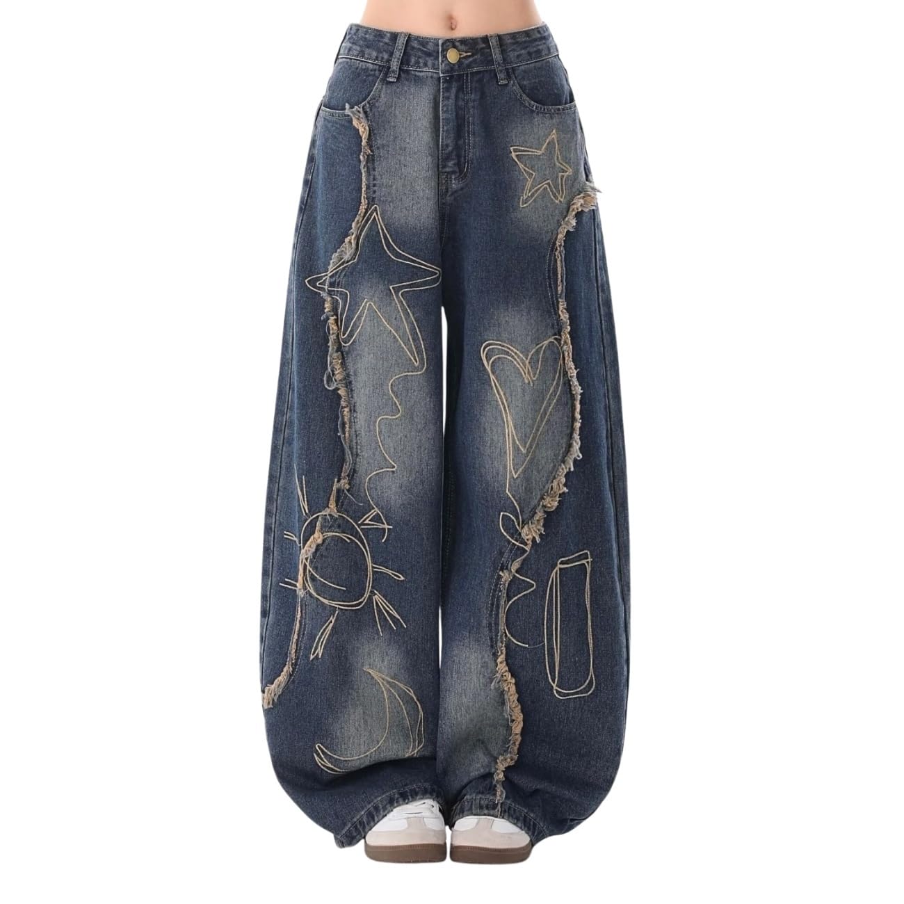 OTEEGX Baggy Jeans for Women Girls Star Wide Leg Barrel Jeans Embroidered Patchwork Cute Denim Pants Trendy Clothes Blue1-S