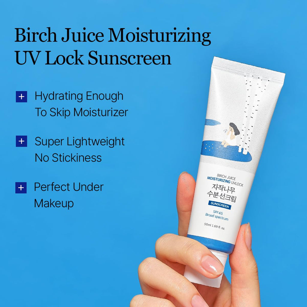 ROUND LAB Birch Juice Moisturizing UV LOCK SPF 45, 1.69 Fl Oz, Hydrating Lotion-like Lightweight Glow Sunscreen for Sensitive Skin, No White Cast, Fragrance-Free, Protector Solar, Korean Sunscreen