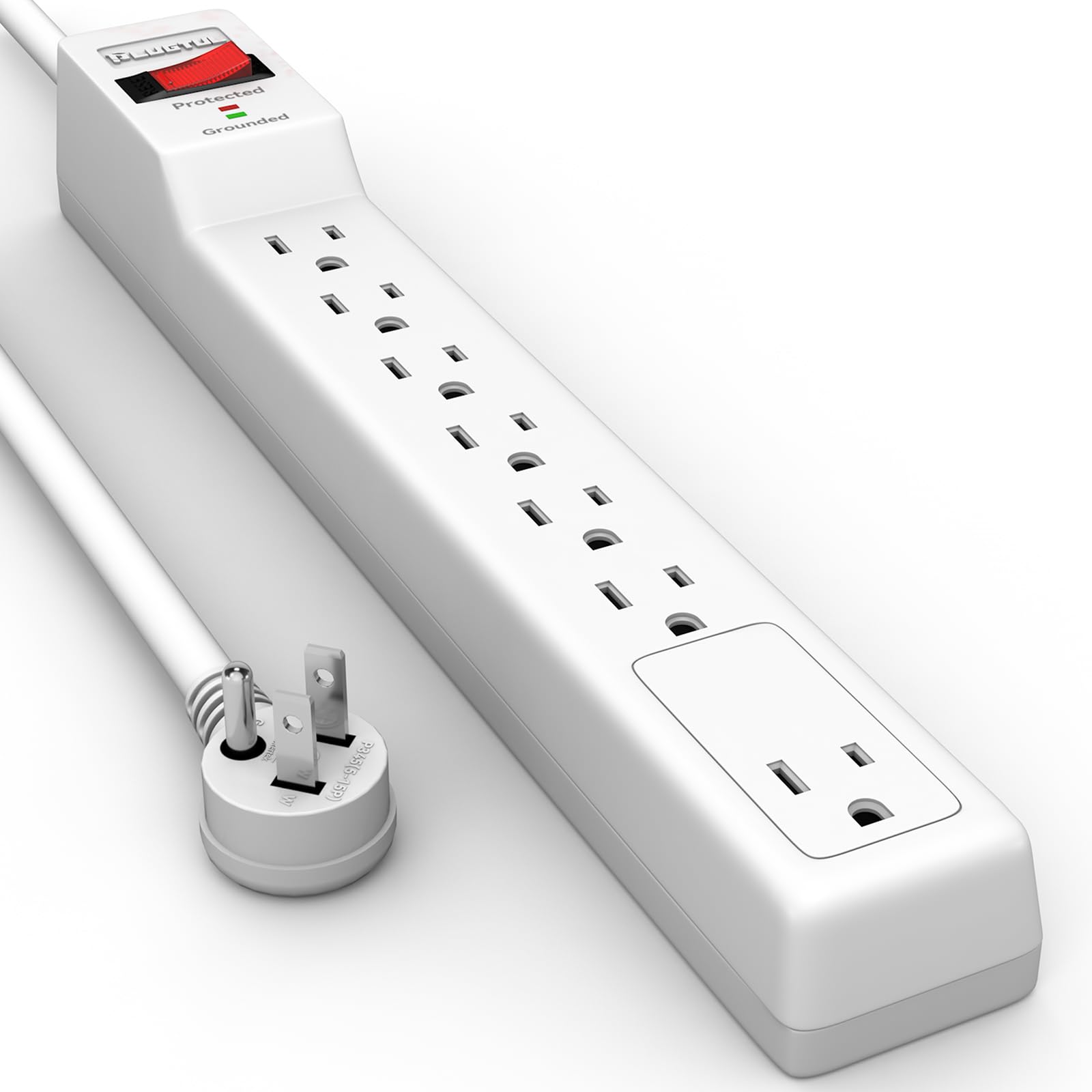 PLUGTUL 15FT Surge Protector (900 Joules), Flat Plug Power Strip, 15FT Extension Cord with Multiple Outlets, 7 Outlets, ETL Listed, 14 Gauge, Wall Mountable for Home Office Garage, White