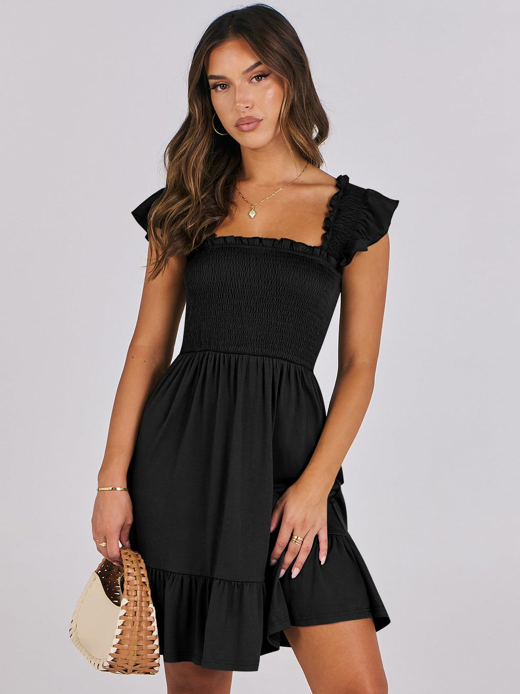 ANRABESS Women's Summer Casual Sleeveless Square Neck Dress 2025 Smocked Ruffle Backless Boho Beach Cute Teen Short Sundress Black Medium