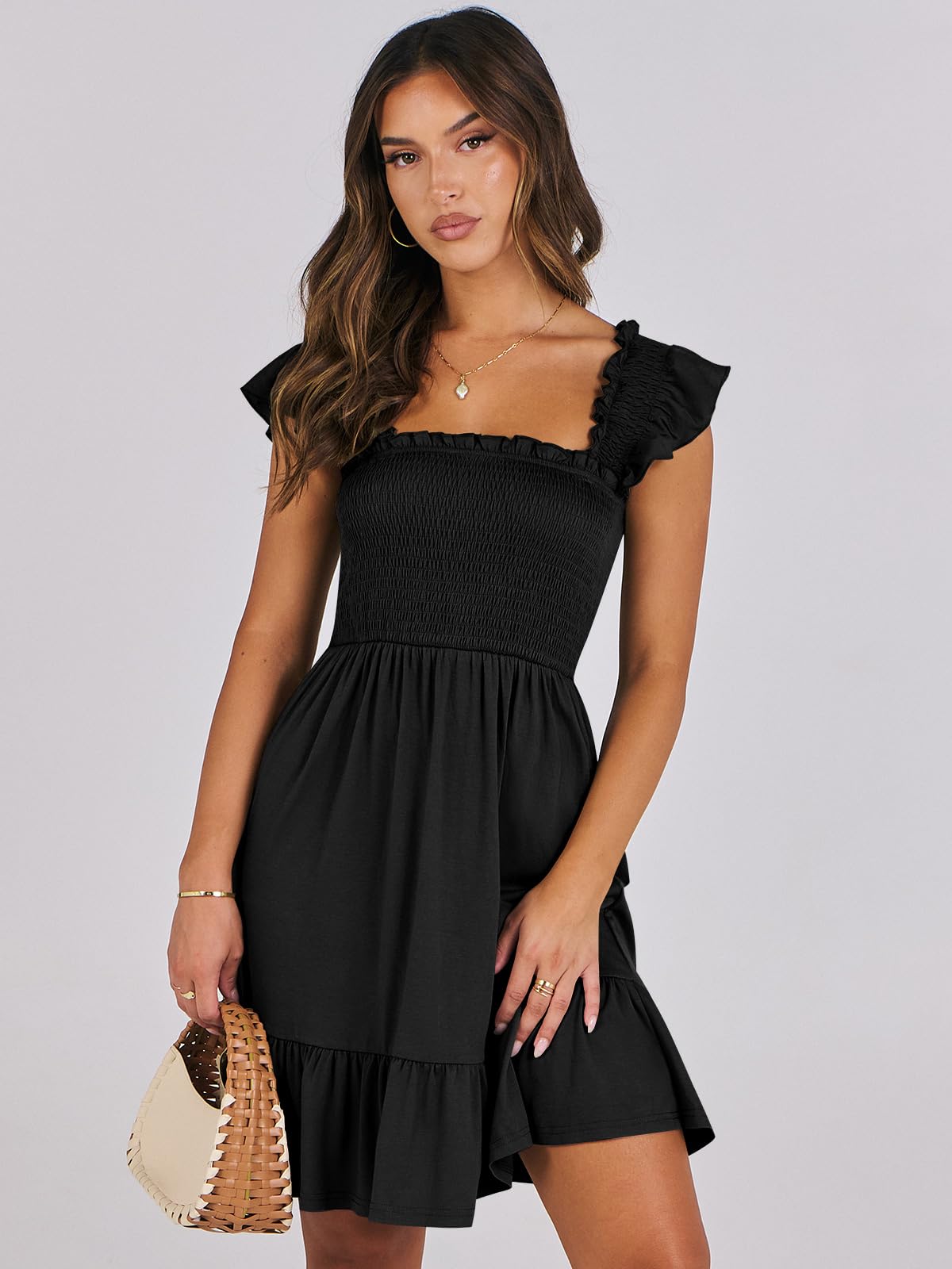 ANRABESS Women's Summer Casual Sleeveless Square Neck Dress 2026 Smocked Ruffle Backless Boho Beach Cute Teen Short Sundress Black Large