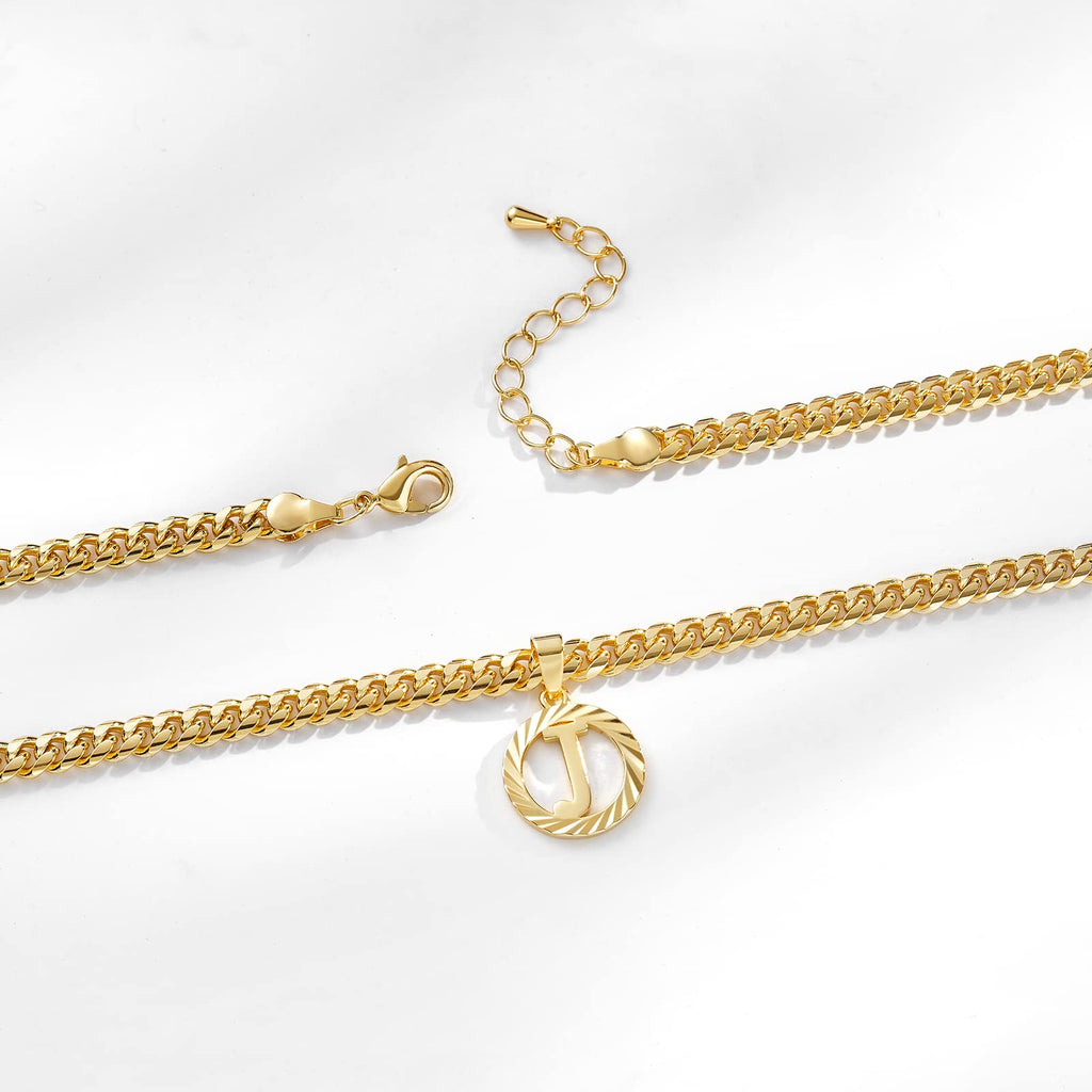 KissYan Gold Initial Necklace,14K Gold Plated Round Letter Pendant Hollow Capital Monogram 5mm Cuban Chain Necklace Alhpabets from A-Z Dainty Jewelry for Women Men(Gold M)