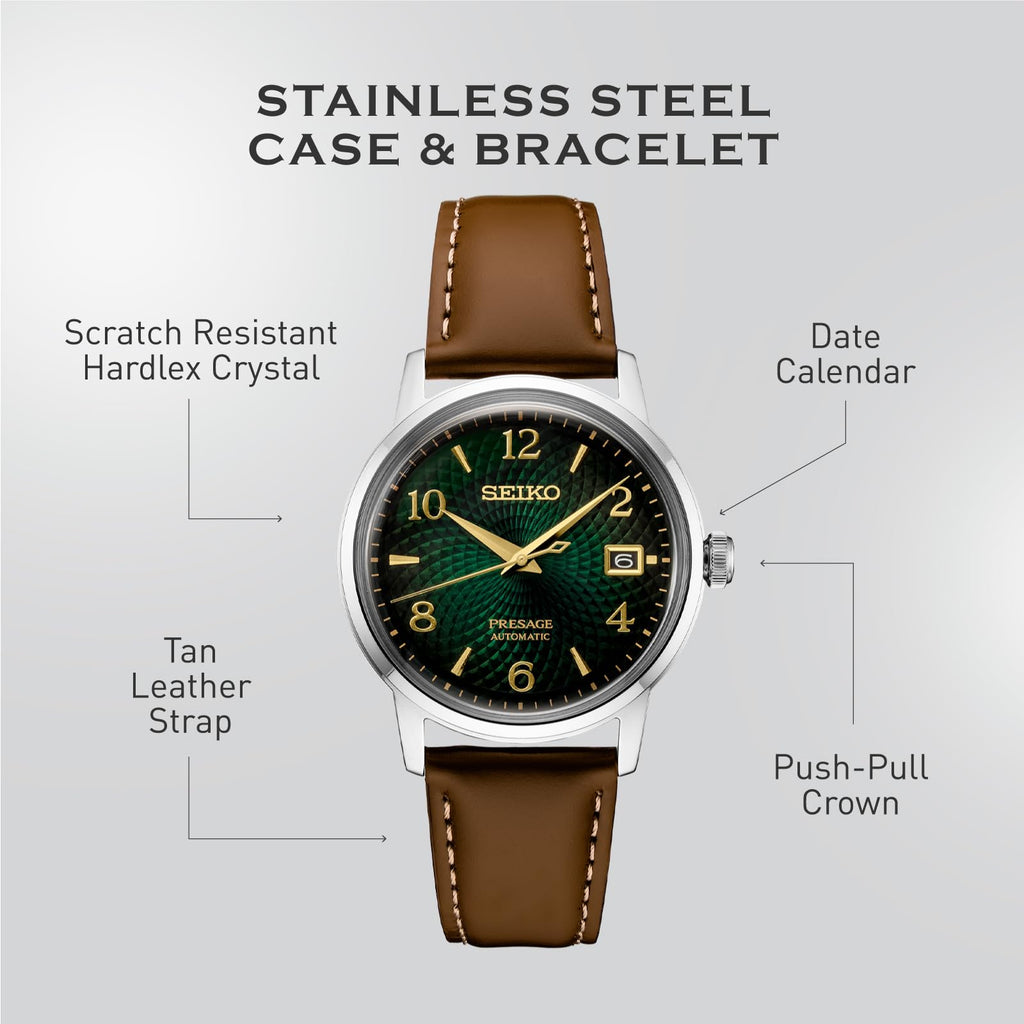 SEIKO SRPE45 Automatic Watch for Men - Presage Cocktail Time - Patterned Green Dial with Golden Numerals and Date Calendar, 50m Water-Resistant