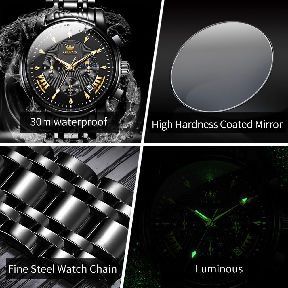 OLEVS Watch Men Black Watches for Men Chronograph Stainless Steel Mens Watches Big Face Classic Luxury Men's Wrist Watch with Date Luminous Waterproof Dress Analog Quartz Relojes para Hombres
