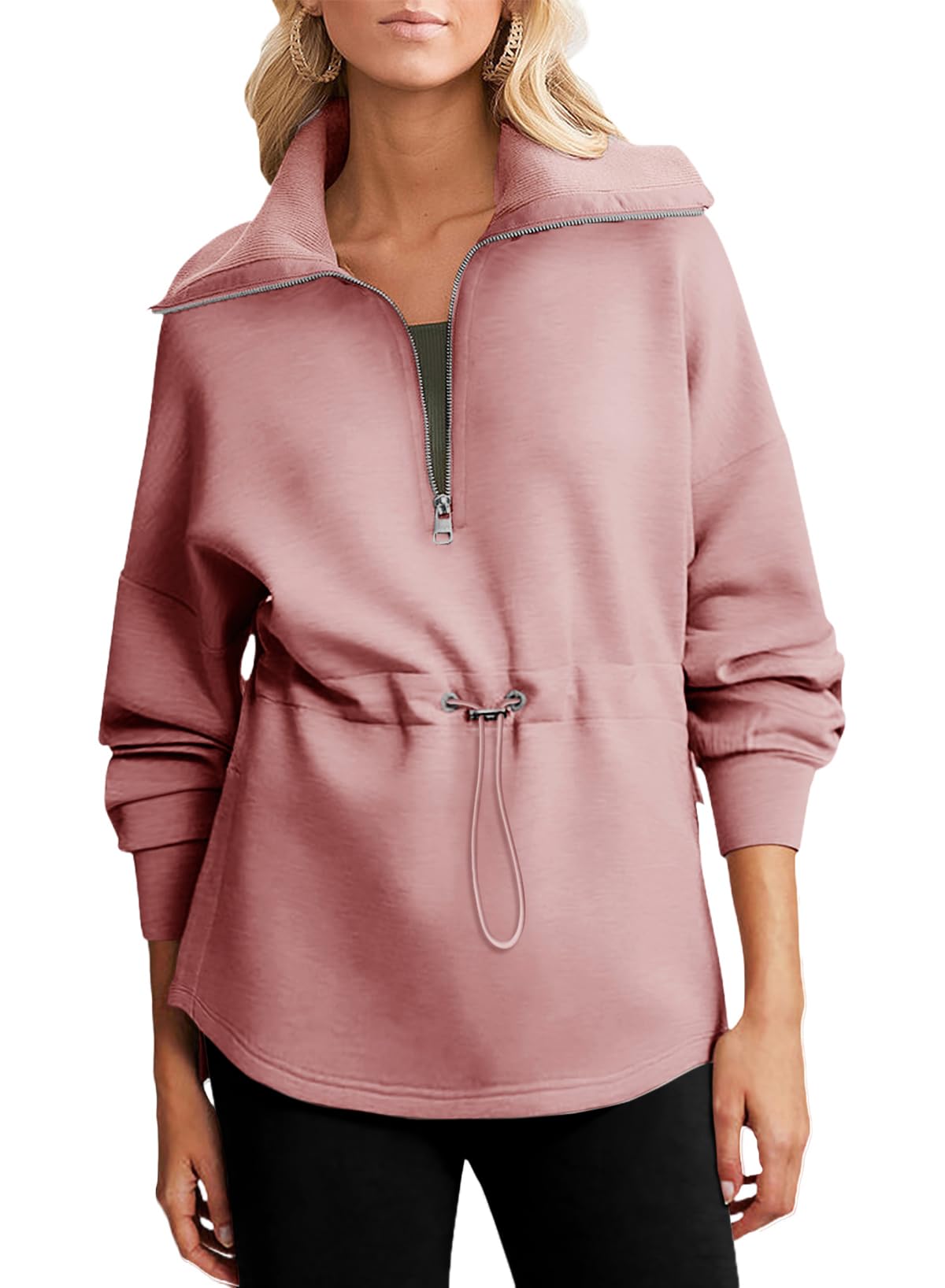 Dokotoo Oversized Sweatshirt for Women Zip Up Long Sleeve Drawstring Waist Casual Lightweight Soft Pullover Quarter Zipper Sweatshirts Tunic Tops Hoodies Fall Winter Outfits Clothes Pink X-Large