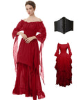 BITSEACOCO Women Medieval Victorian Off Shoulder Dress, Gothic Puff Sleeve Irish Chemise Dresses, Renaissance Costume High Low Long Skirts (S, Wine Red)