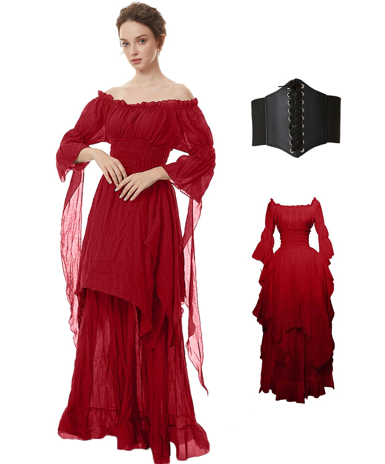 BITSEACOCO Women Medieval Victorian Off Shoulder Dress, Gothic Puff Sleeve Irish Chemise Dresses, Renaissance Costume High Low Long Skirts (S, Wine Red)