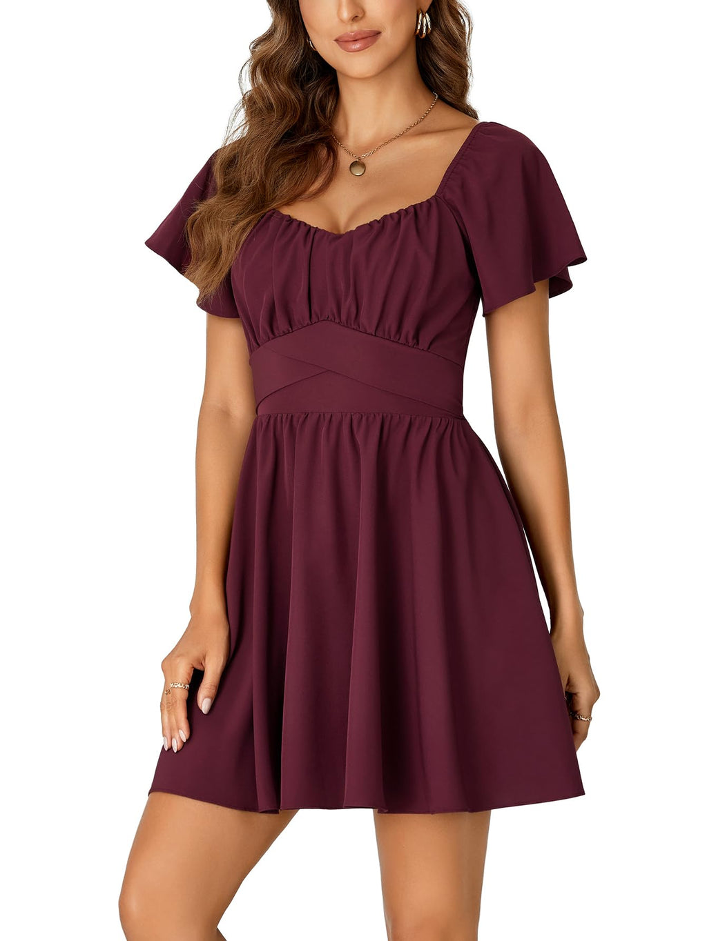 Rooscier Women's Tie Back Square Neck Wrap Ruffle Short Sleeve Flare Mini Dress Wine Red Medium