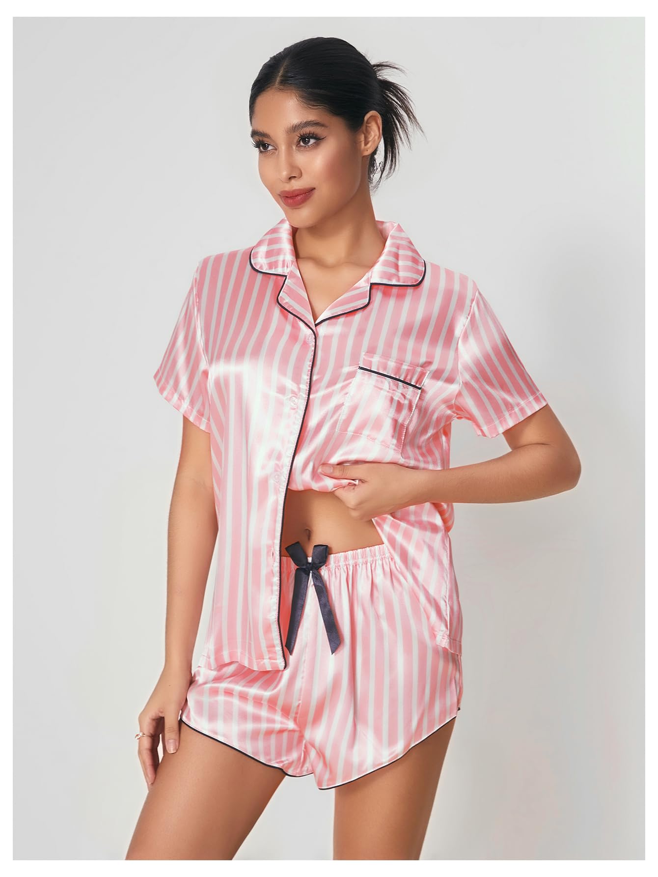 WDIRARA Women's Sleepwear Satin Short Sleeve Shirt and Shorts Pajama Set Striped Pink M