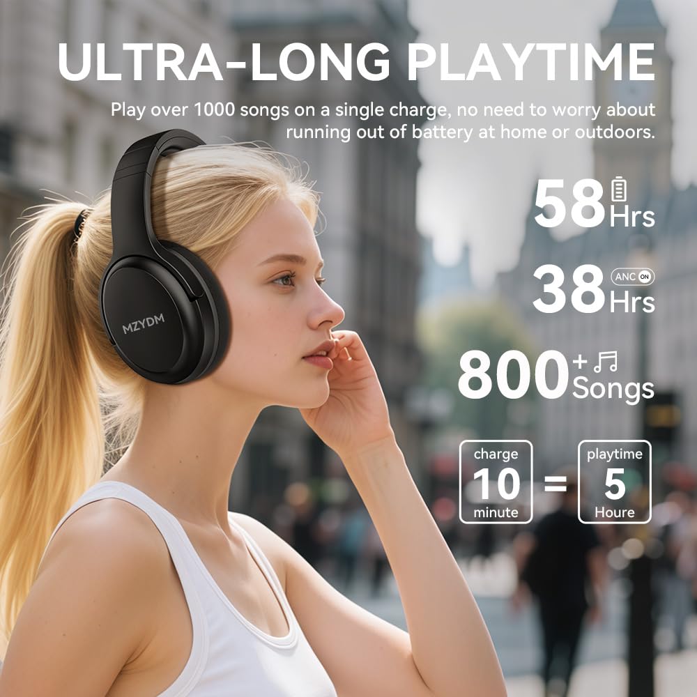 MZYDM Bluetooth Headphones Over Ear, 40 Hours Playtime Wireless Headphones with Microphone,5.3 Bluetooth, HiFi Stereo Foldable Lightweight Headset, for Travel Work Cellphone(Black)
