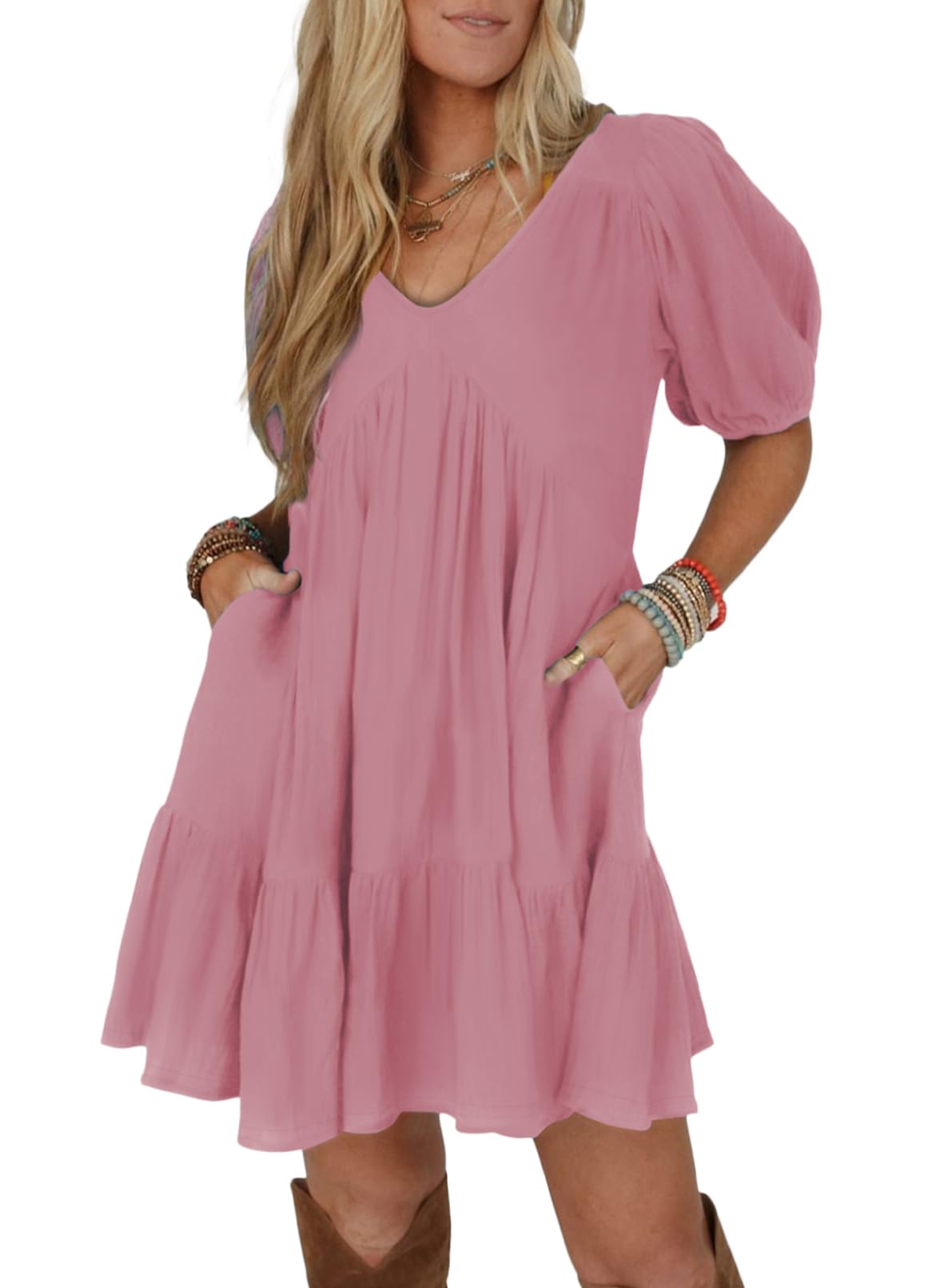 Acelitt Women's Summer Dresses 2026 Beach Casual Deep V Neck Loose Sundress Short Sleeve Mini Dress with Pockets Pink Large