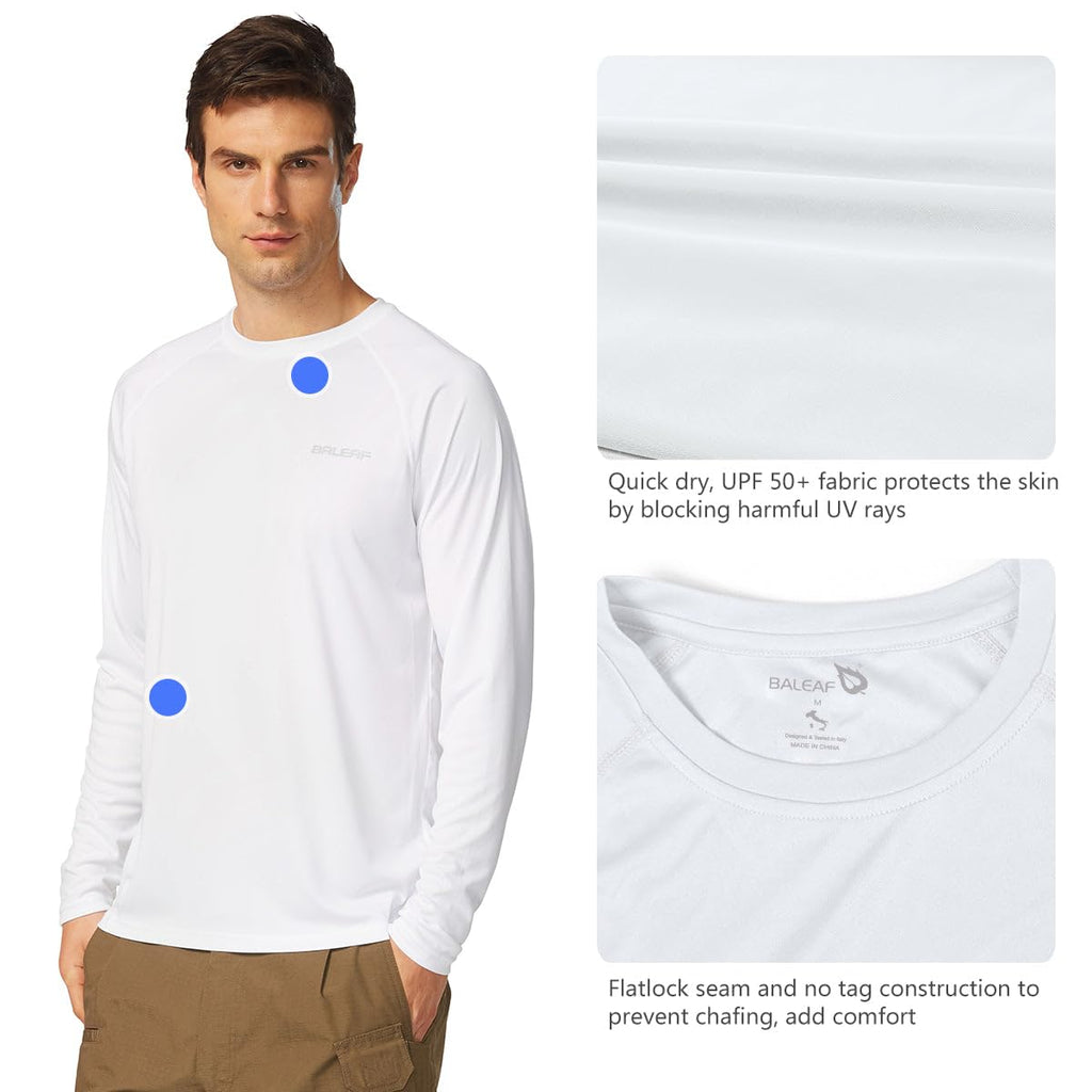 baleaf Men's Sun Protection Shirts UV SPF T-Shirts UPF 50+ Long Sleeve Rash Guard Fishing Running Quick Dry White Size L
