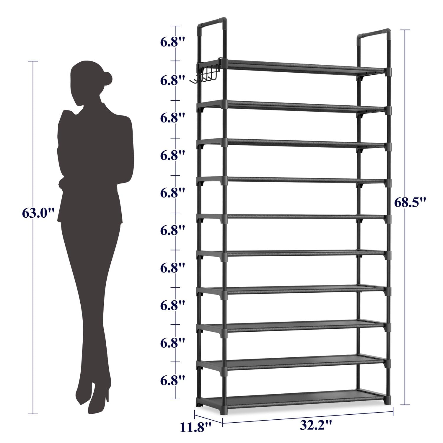 Kitsure Shoe Rack for Closet - 10-Tier Shoe Organizer with Hook Rack, Large-Capacity & Space-Saving Shoe Shelf for Entryway, Bedroom, Living Room,32.2" x 11.8" x 68.5", Black