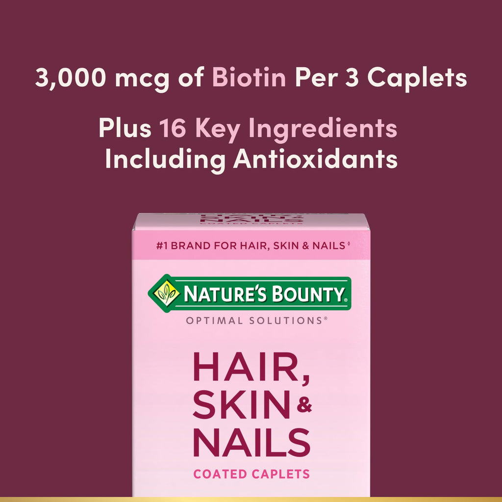 Nature's Bounty Optimal Solutions Hair, Skin & Nails Formula, with 3,000 mcg Biotin, 60 Coated Caplets, 20 Total Servings