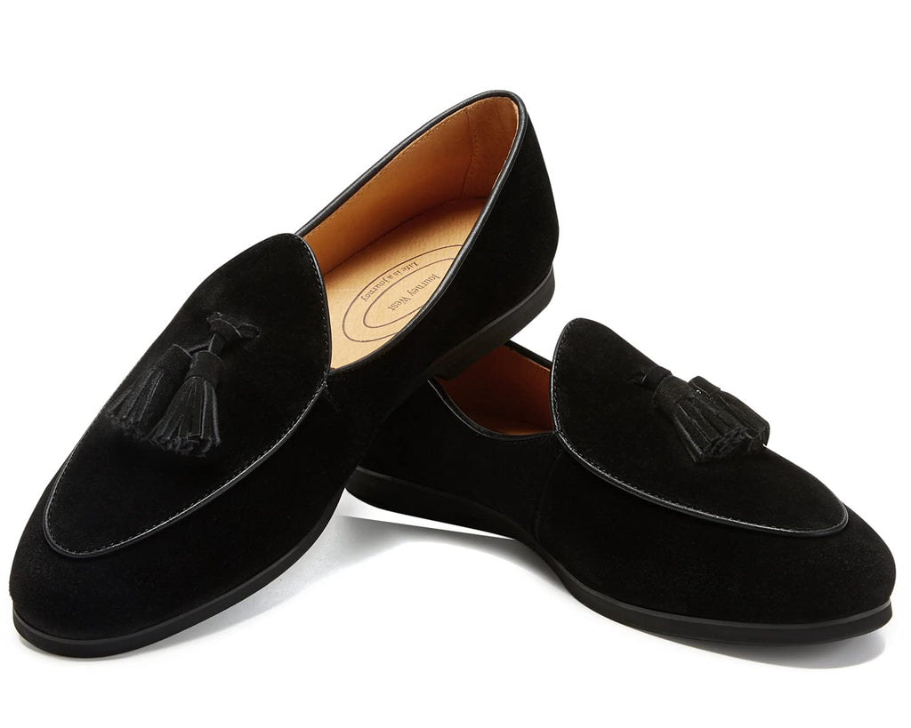 Journey West Men's Tassel Slip-on Loafer Belgian Suede Loafers Casual Leather Shoes for Men Black US 9