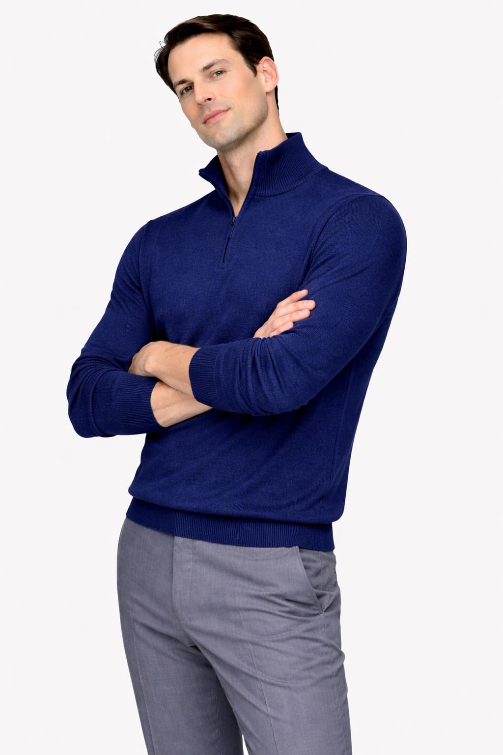 State Cashmere Men's Half Zip Mock Neck Sweater 100% Pure Cashmere Polo Neck Pullover (Navy, Medium)