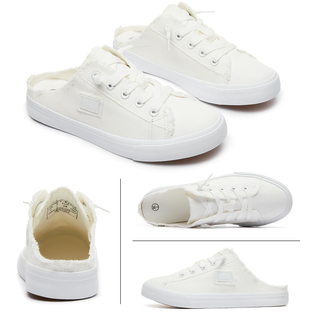 BENPAO Womens Canvas Mules White Slip on Fashion Sneakers Black Loafers Comfortable Casual Shoes for Women(White,US5.5)