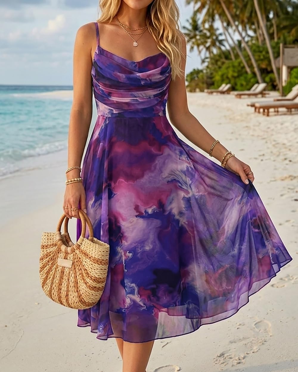 CHICME Womens Tie Dye Mesh Midi Dress 2026 Summer Cowl Neck Adjustable Strap A Line Cinched Zipper Back Cocktail Party Dress-DPU-L Dark Purple