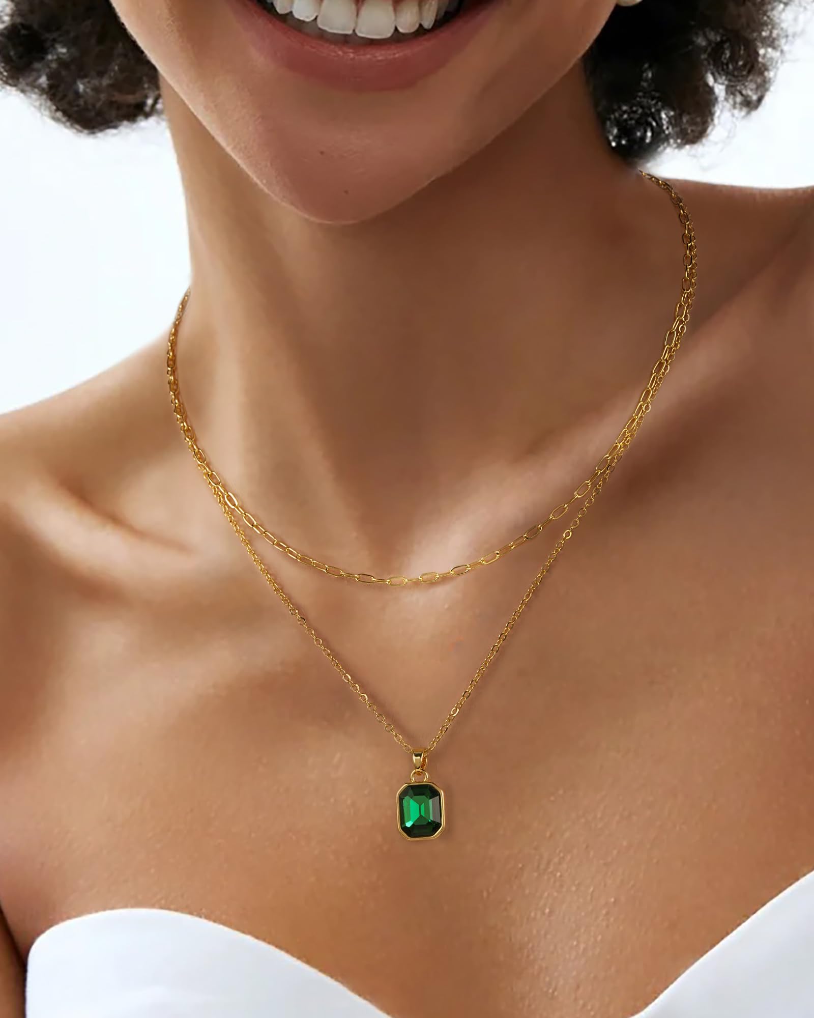 ACECHA Gold Layered Necklaces for Women, 18k Gold Plated Paperclip Chain Choker Necklace with Rectangle Crystal Birthstone Pendant Dainty Emerald Green Jewelry Gifts (Emerald)