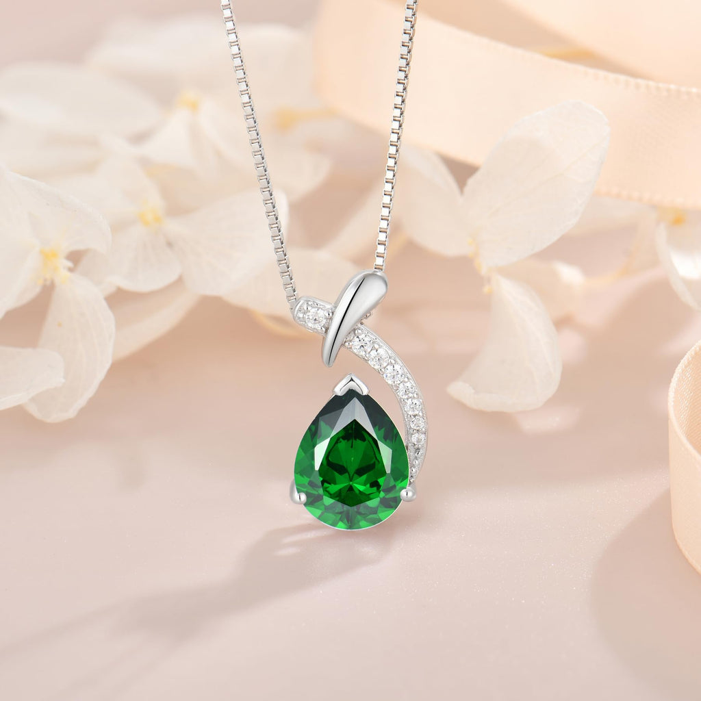 YIFSIY Teardrop Emerald Pendant Necklace for Women,925 Sterling Silver Pear Cut Green Zircon May Birthstone Necklace for Birthday Engagement Anniversary Wedding Jewelry