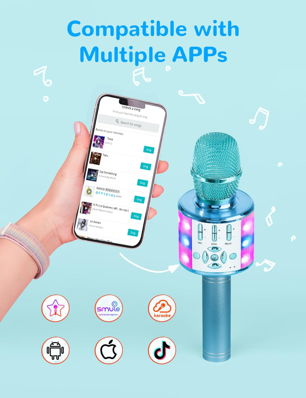 Amazmic Kids Karaoke Microphone Machine Toys for Girls Bluetooth Microphone with LED Light, Christmas Birthday Gift for Girls Boys 3 4 5 6 7 8 9 10 11 12 Year Old Kids Toys(Blue)